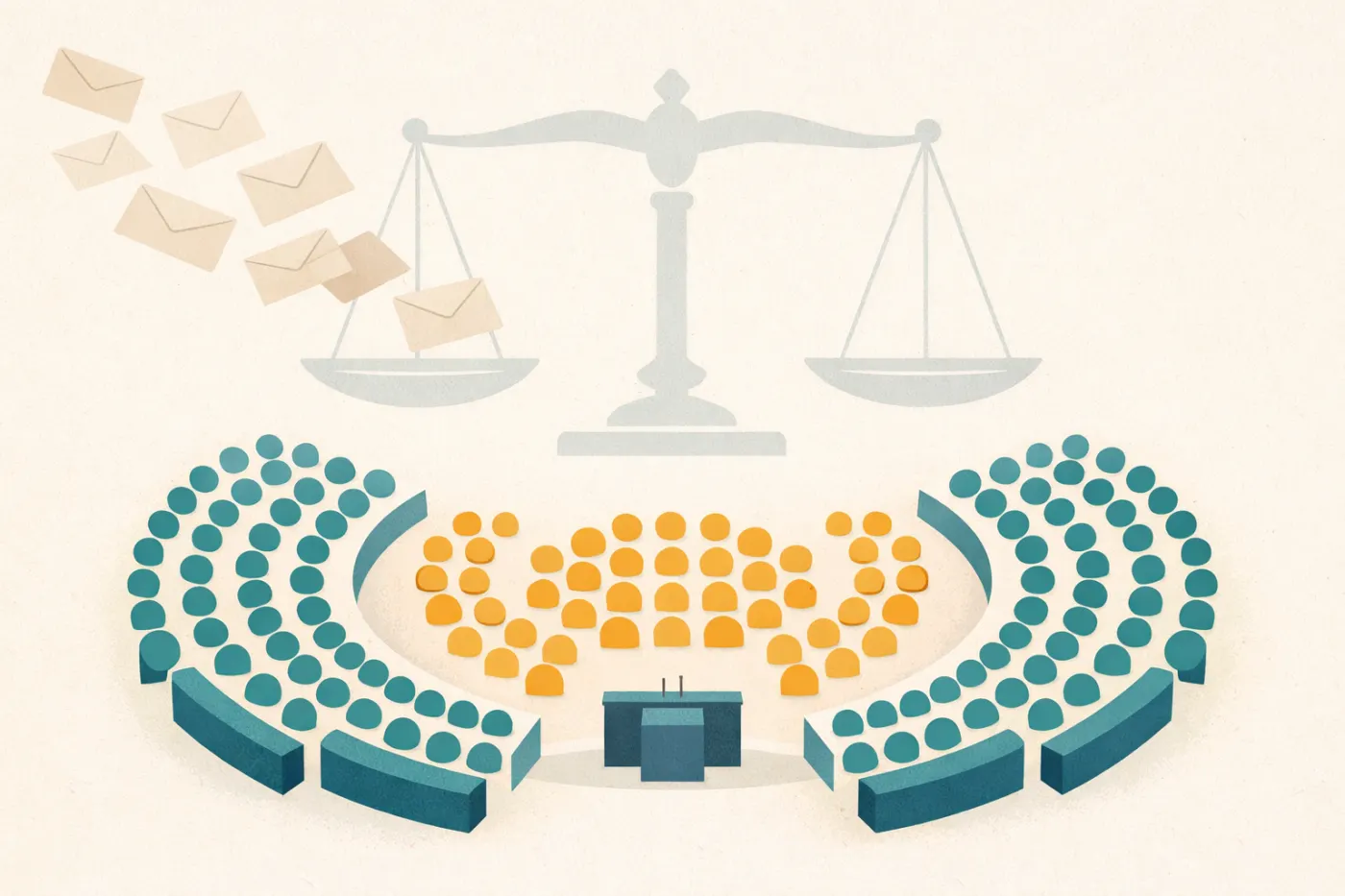 Illustration of a parliament seating chart split into two teal blocs with an amber group between them, as ballot envelopes drift in.