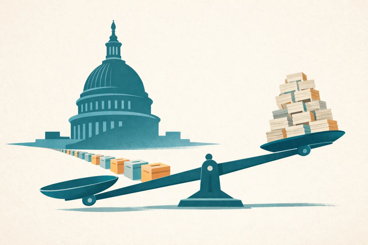 Illustration of the US Capitol dome with a row of ballot boxes and a tilting balance